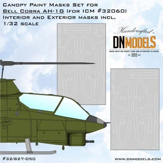 DN Models 32-827-050 1/32 Bell AH-1G Cobra Canopy Interior & Exterior Paint Masking for ICM kit #32060