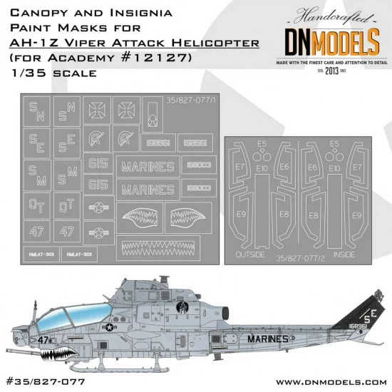DN Models 35-827-077 1/35 USMC AH-1Z Viper Canopy & Insignia Paint Mask Set for Academy #12127
