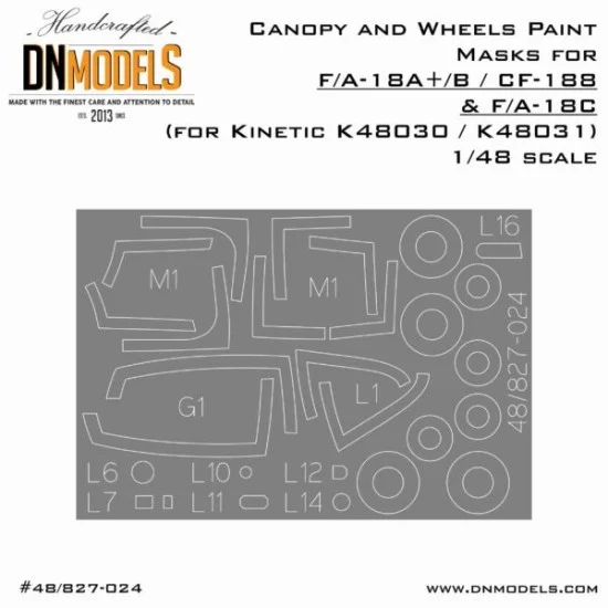 DN Models 48-827-024 1/48 F/A-18A+/B/C & CF-188 Hornet Canopy & Wheels Paint Masks for Kinetic #K48030/48031