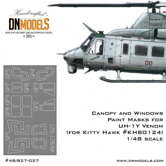 DN Models 48-827-027 1/48 UH-1Y Venom Helicopter Canopy Paint Masks for Kitty Hawk #KH80124