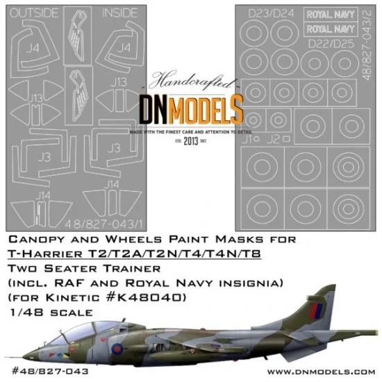 DN Models 48-827-043 1/48 T-Harrier Canopy & Wheels Paint Masks w/RAF & Royal Navy Insignia for Kinetic #K48040