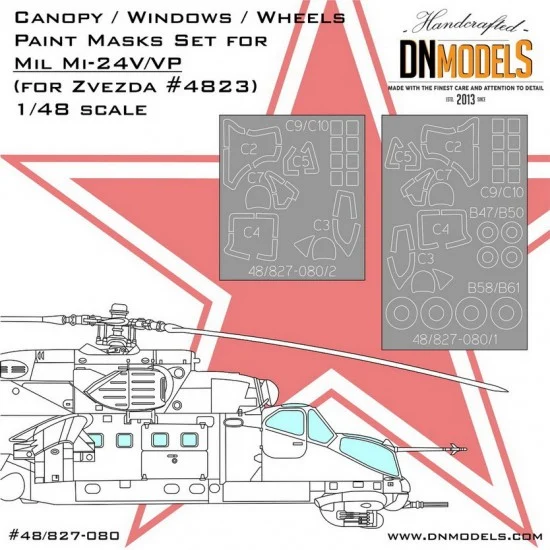 DN Models 48-827-080 1/48 Mil Mi-24 Canopy, Windows & Wheels Paint Mask set for Zvezda kit #4823