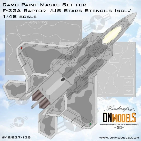 DN Models 48-827-135 1/48 F-22 Raptor Camouflage & USAF Stars Paint Masks Set