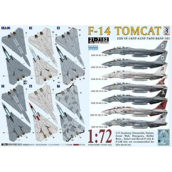 DXM Decals 21-7152 1/72 USN VF-14/41/74/84/101 F-14 Tomcat Collection #3 Decals for Academy/Finemolds/Fujimi