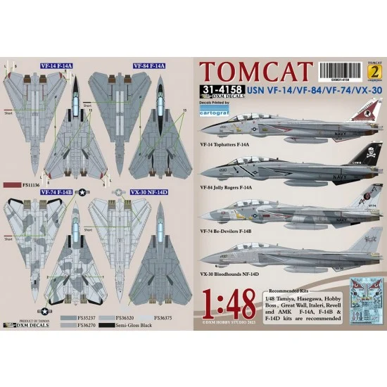 DXM Decals 31-4158 Decals for 1/48 USN F-14A/B/D VF-14/74/84/ & VX-30 Collection #2
