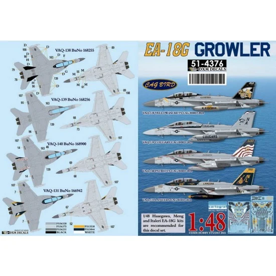 DXM Decals 51-4376 1/48 USN EA-18G Growler CAG Birds Decal - VAQ-131/138/139/140 for Hasegawa/Meng/Italeri
