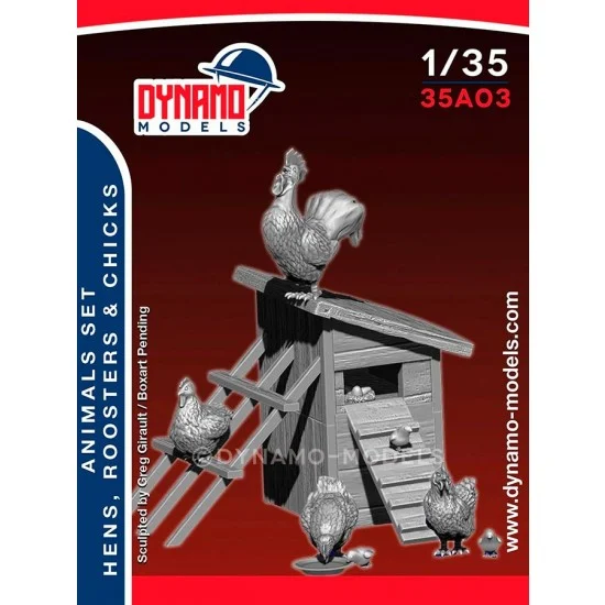 Dynamo 35A03 1/35 Animal Set - Hens, Rooster and Chicks with Coop