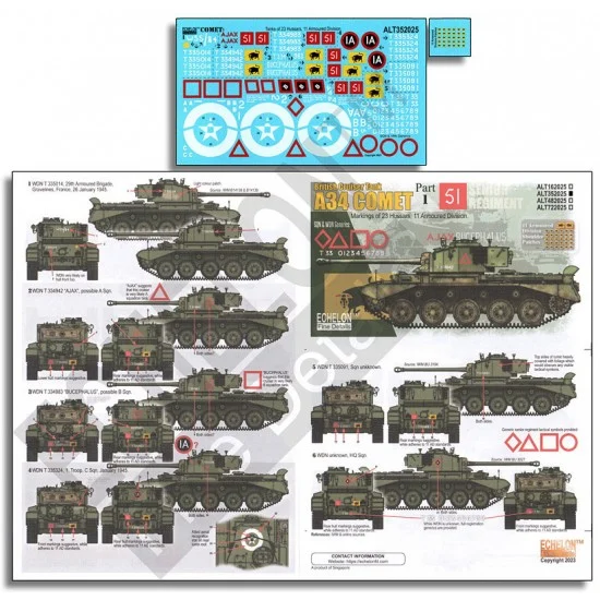 Echelon Fine Details ALT352025 Decals for 1/35 A34 Comets of 23 Hussars, 11 Armoured Division - Model Planes