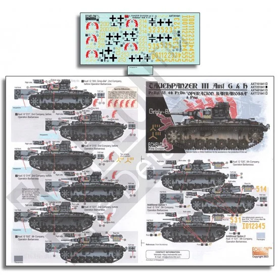 Echelon Fine Details AXT351041 Decals for 1/35 4.Pz.Div. Tauchpanzer III Ausf. G & H Operation Barbarossa and Prior - Model Planes