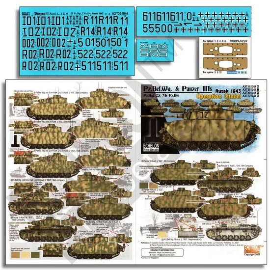 Echelon Fine Details AXT351044 Decals for 1/35 7.Pz.Div. Befehlswagen & Panzer IIIs Ausf. J L M N Operation Citadel - Military Vehicles & Tanks