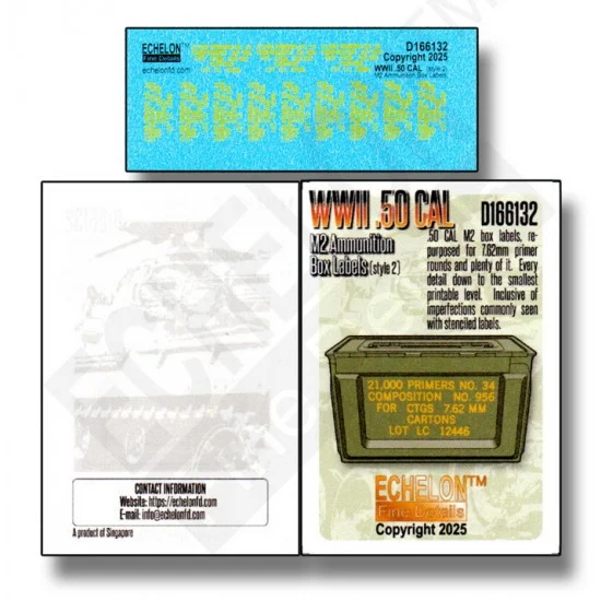 Echelon Fine Details D166132 1/16 WWII .50 CAL M2 Ammo Box Labels (style 2) Decal - Military Vehicles & Tanks