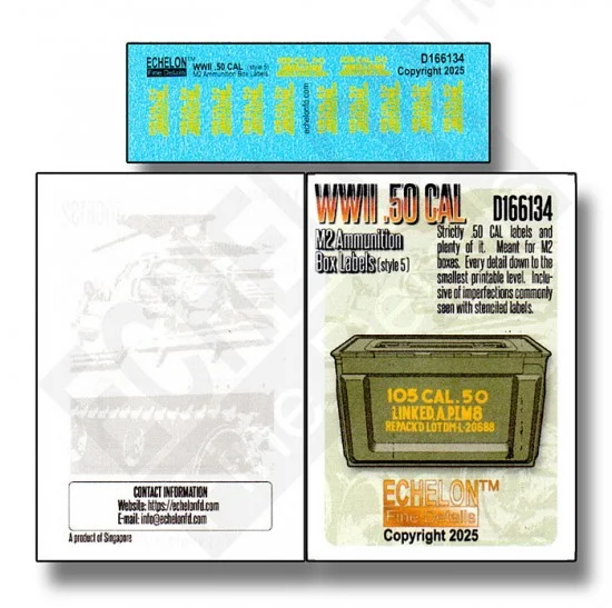 Echelon Fine Details D166134 1/16 WWII .50 CAL M2 Ammo Box Labels (style 5) Decal - Military Vehicles & Tanks