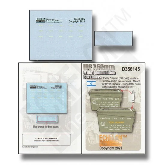 Echelon Fine Details D356145 1/35 IDF 7.62mm M19A1 Ammunition Box Labels - Military Vehicles & Tanks