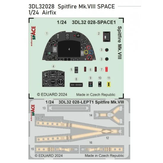 Eduard 3DL32028 1/24 Supermarine Spitfire Mk.VIII Dashboard 3D Decal and Seatbelts PE for Airfix kits - Model Planes