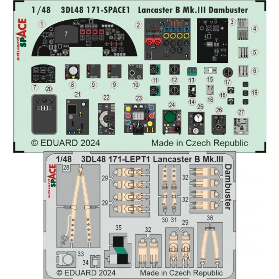 Eduard 3DL48171 1/48 Lancaster B Mk.III Dambuster Instrument & Control Panels, Seatbelts for HK Models - Model Planes