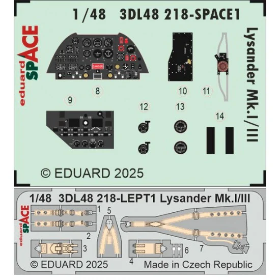 Eduard 3DL48218 1/48 Westland Lysander Mk.I/III Panels 3D Decal and PE Seatbelts for Airfix kits - Model Planes