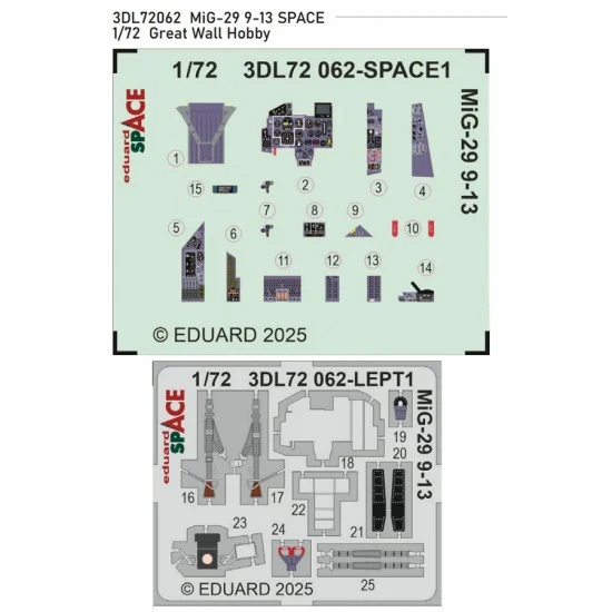 Eduard 3DL72062 1/72 Mikoyan MiG-29 9-13 Panels 3D Decal and PE Seatbelts for Great Wall Hobby kits