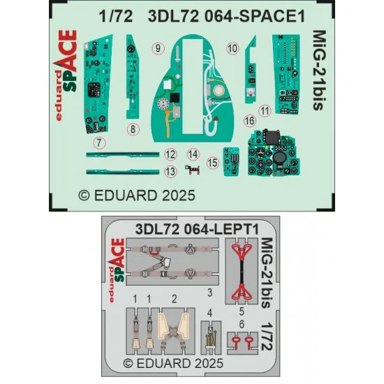 Eduard 3DL72064 1/72 MiG-21Bis Instrument Control Panels and Seatbelts for Eduard kits