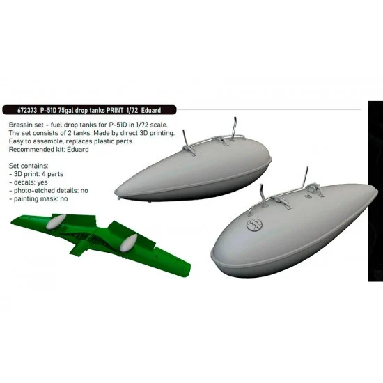 Eduard 672373 1/72 P-51D Mustang 75Gal Drop Tanks 3D Print Parts for Eduard kits