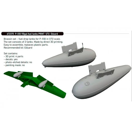 Eduard 672375 1/72 P-51D Mustang 110Gal Fuel Tanks 3D Print Parts for Eduard kits