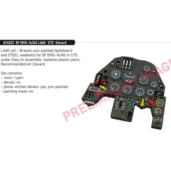 Eduard 674022 1/72 Messerschmitt Bf 109G-14/AS Dashboard, Seatbelts for Eduard kits
