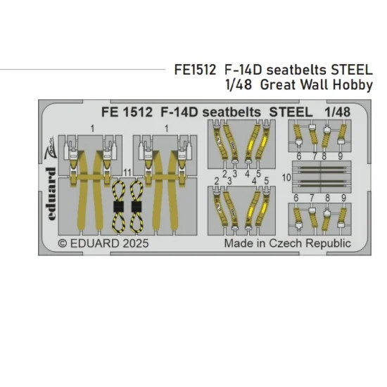 Eduard FE1512 1/48 Grumman F-14D Tomcat Seatbelts Colour PE parts for Great Wall Hobby kits