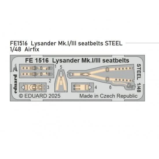 Eduard FE1516 1/48 Westland Lysander Mk.I/III Seatbelts Colour PE parts for Airfix kits - Model Planes