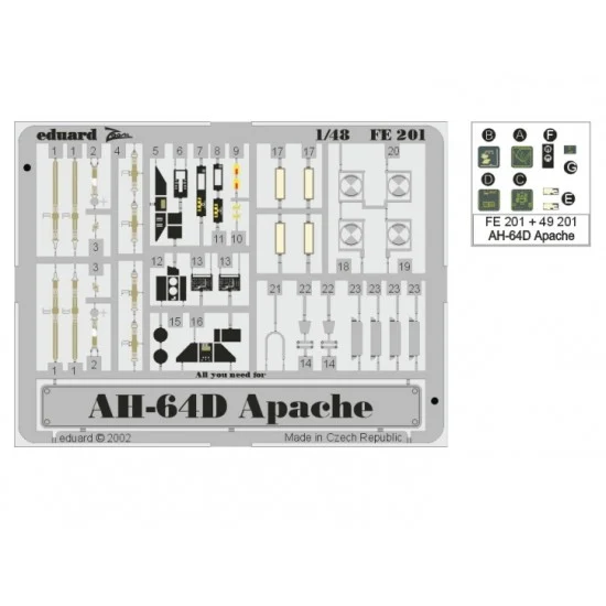 Eduard FE201 1/48 Boeing AH-64D Apache Colour Photoetch Detail Set Vol.2 for Hasegawa kit