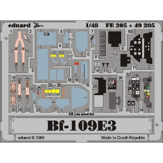 Eduard FE205 Colour Photoetch for 1/48 Messerschmitt Bf 109E-3 for Tamiya kit