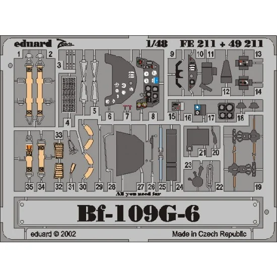 Eduard FE211 1/48 Messerschmitt Bf-109G-6 Colour Photoetch Set Vol.2 for Hasegawa kit