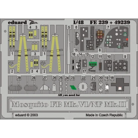 Eduard FE239 Colour Photoetch for 1/48 Mosquito FB Mk.VI/NF Mk.II for Tamiya kit - Model Planes