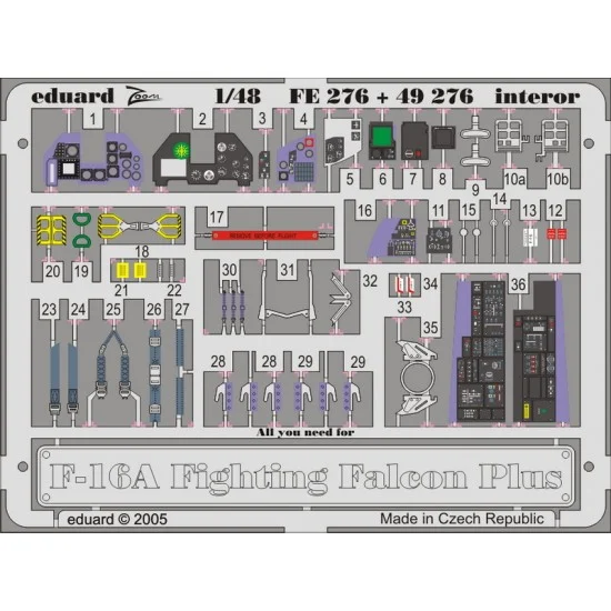Eduard FE276 1/48 F-16A Plus Interior Colour Photoetch Set Vol.2 for Hasegawa kit