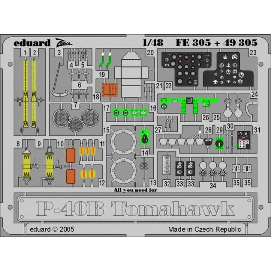 Eduard FE305 Colour Photoetch for 1/48 Curtiss P-40B Warhawk for Trumpeter kit