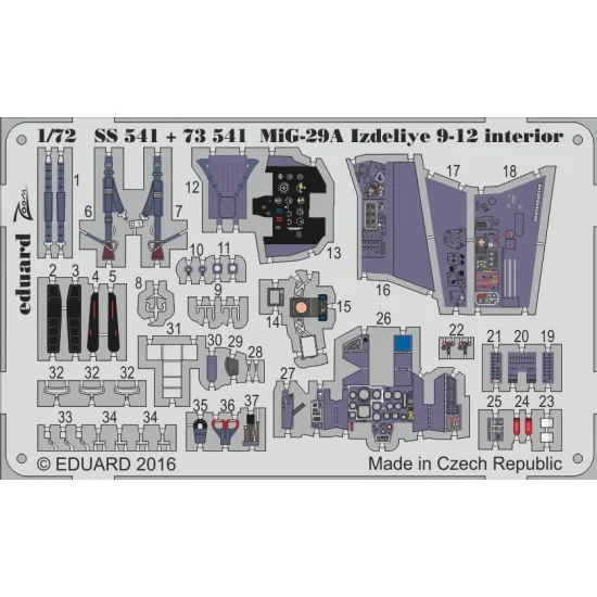 Eduard SS541 1/72 Mikoyan MiG-29A Fulcrum Izdeliye 9-12 Interior Detail Set for Trumpeter #01674 (1 PE)