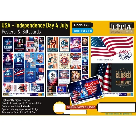 ETA Diorama 172 1/35, 1/24 US Independence Day 4 July Posters & Billboards (4 sheets) - Scenics & Diorama