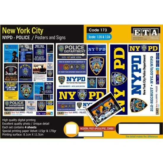 ETA Diorama 173 1/35 1/24 New York City NYPD Police Posters & Signs (4 sheets) - Scenics & Diorama