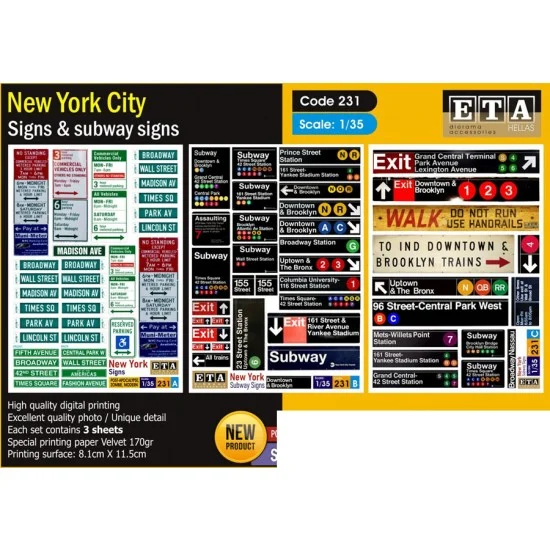 ETA Diorama 231 1/35 Zombie/Modern NEW YOPK Signs & Subway Signs (3 sheets) - Scenics & Diorama