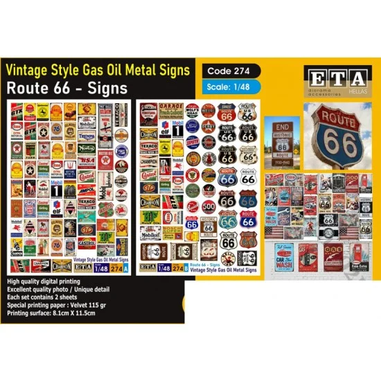 ETA Diorama 274 1/48 Vintage Style Gas Oil Metal Signs / Route 66 Signs - Scenics & Diorama