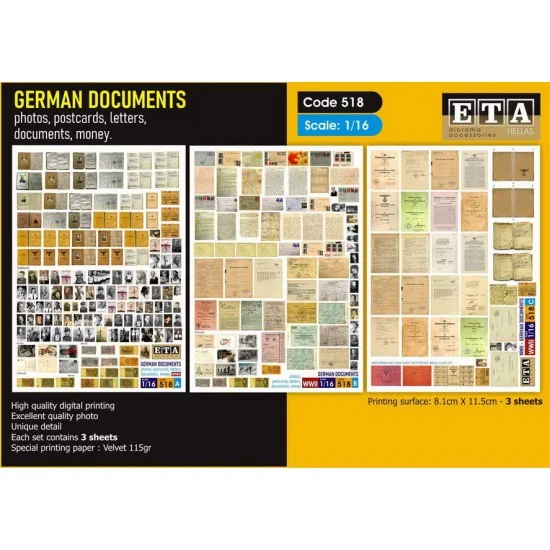 ETA Diorama 518 1/16 WWII German Documents, Soldbuch, Letters and Envelopes (3 sheets) - Scenics & Diorama