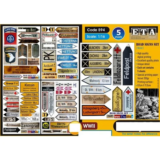 ETA Diorama 594 1/16 WWII Wood Road Signs (5 paper sheets) - Scenics & Diorama