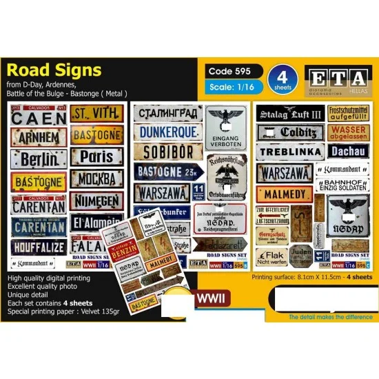 ETA Diorama 595 1/16 WWII Metal Road Signs - D-Day, Ardennes, Battle of the Bulge (paper)