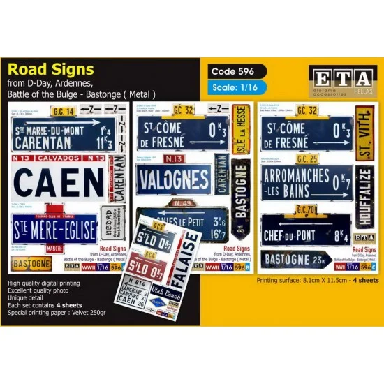 ETA Diorama 596 1/16 Metal Road Signs from D-Day, Ardennes, Battle of the Bulge-Bastonge