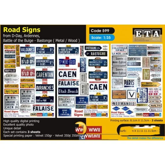 ETA Diorama 599 1/35 Road Signs from D-Day, Ardennes, Battle of the Bulge (3 sheets)