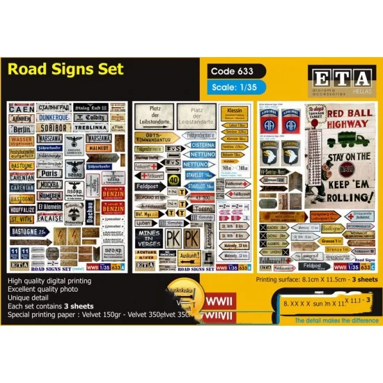 ETA Diorama 633 1/35 WWII Road Signs Set (3 sheets) - Scenics & Diorama