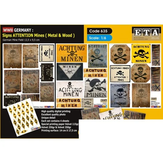 ETA Diorama 635 1/6 WWII Germany Signs Attention Mines (4 sheets) - Scenics & Diorama