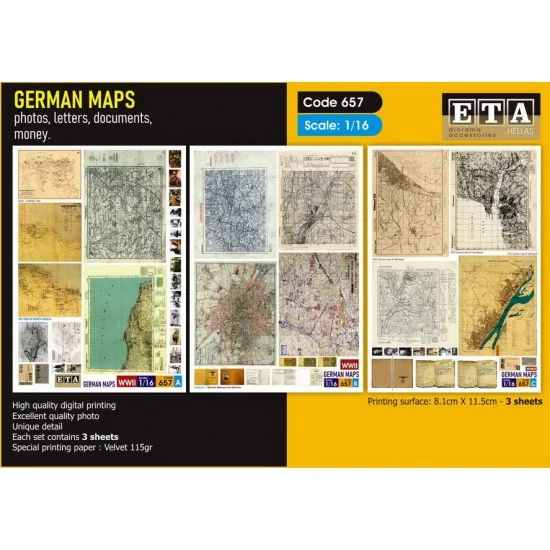 ETA Diorama 657 1/16 WWII German Maps Photos, Letters, Documents, Money (3 sheets) - Scenics & Diorama