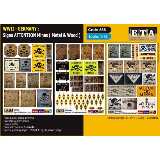 ETA Diorama 658 1/16 WWII German Metal and Wooden Signs Attention Mines (3 sheets) - Scenics & Diorama