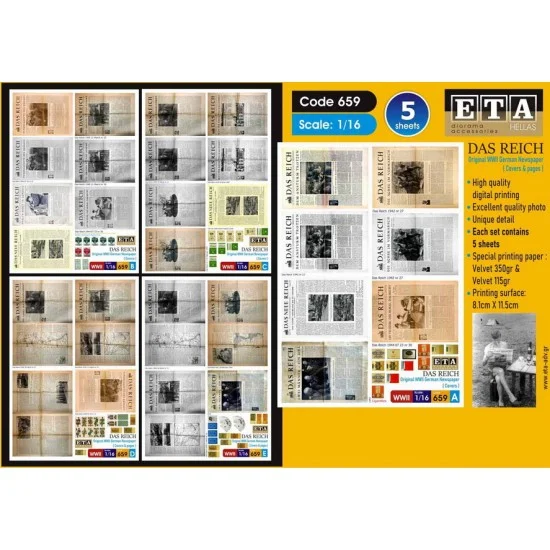 ETA Diorama 659 1/16 WWII WWII Original German Newspapers Das Reich (5 sheets) - Scenics & Diorama