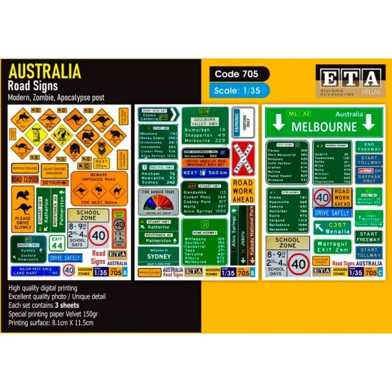 ETA Diorama 705 1/35 Modern Australian Road Signs Set (3 sheets) - Scenics & Diorama