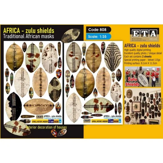 ETA Diorama 808 1/35 1/32 Zulu Shields and Traditional African Masks (2 sheets) - Scenics & Diorama